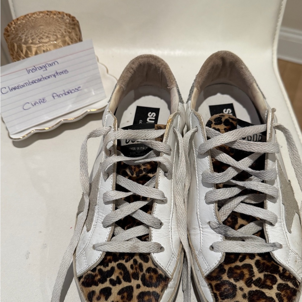 Golden Goose Superstar Sneakers with Silver Glitter and Leopard Accents size 39
